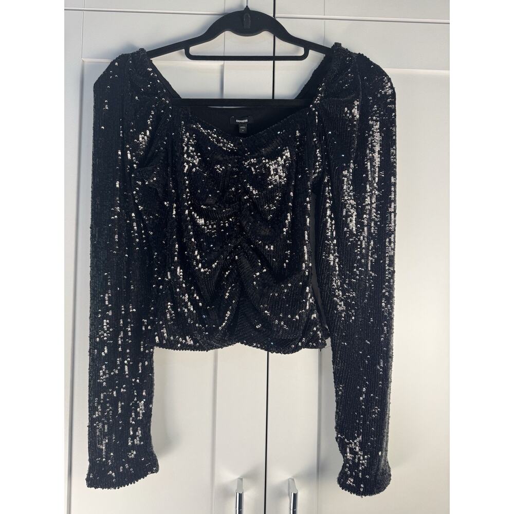 Express Sequin Cropped Blouse Black Square Neck Long Sleeve Stretch Size S
